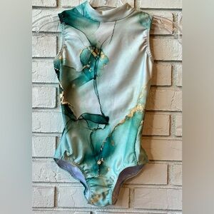 From Artist to Artist High-Neck Elegant Teal and Gold Lrotard